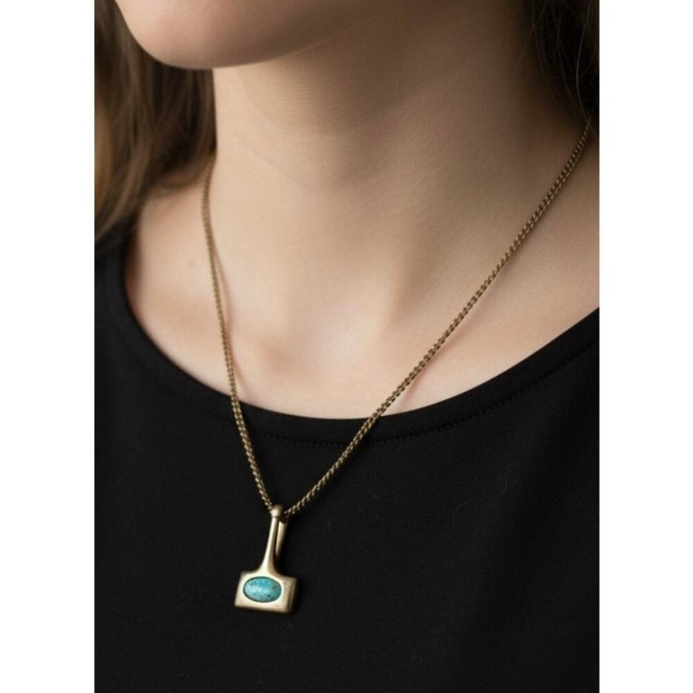 Vintage Mid-Century Brutalist Thor's hammer‎ Pendant Necklace  Turquoise Inlay